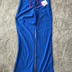 Smitten scrub pants. Royal blue and pink